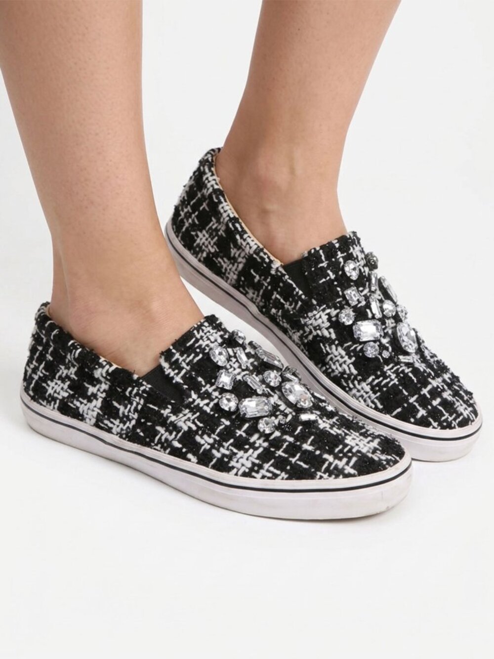Kate Spade Slater Tweed Crystal Embellished Slip On Sneakers Black White 8.5